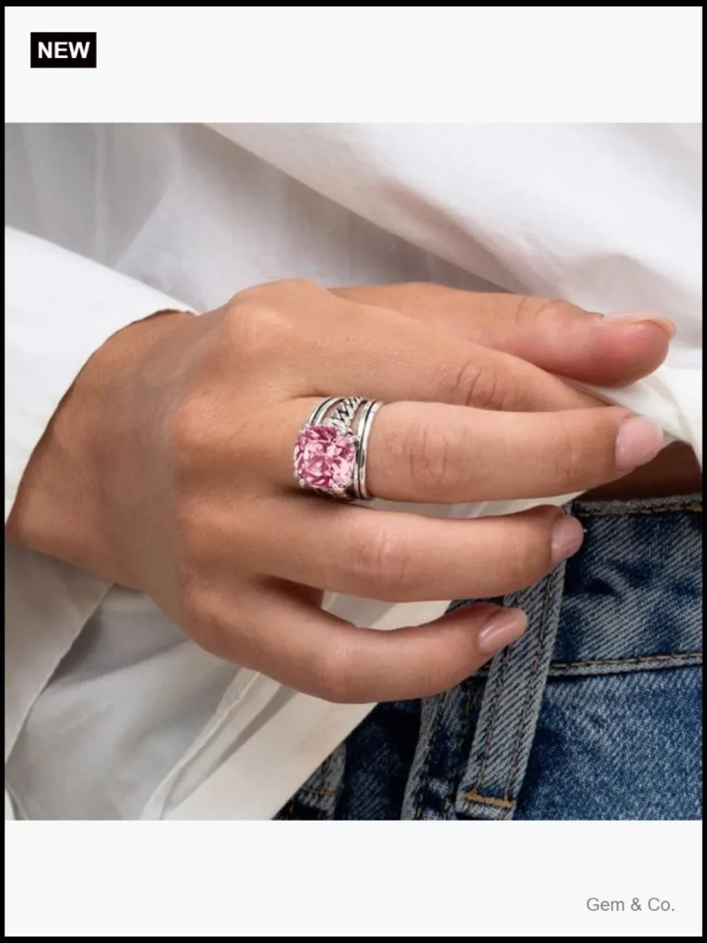 925 Sterling Silver Curb Chain Statement Ring with CZ